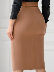 [Elegant Midi Skirt] Elegant High-Waisted Split Midi Skirt | 2025 Fashionable Commuter Solid Color with Belt