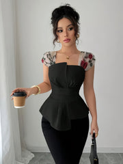 Women's Elegant Sleeveless Square Neck Blouse with Asymmetrical Hem & Floral Print - Summer Lightweight Machine-Washable Top for Casual Formal Outfits, Versatile Fashion, Twisted Waist Design, Smooth Fabric Texture, Office We