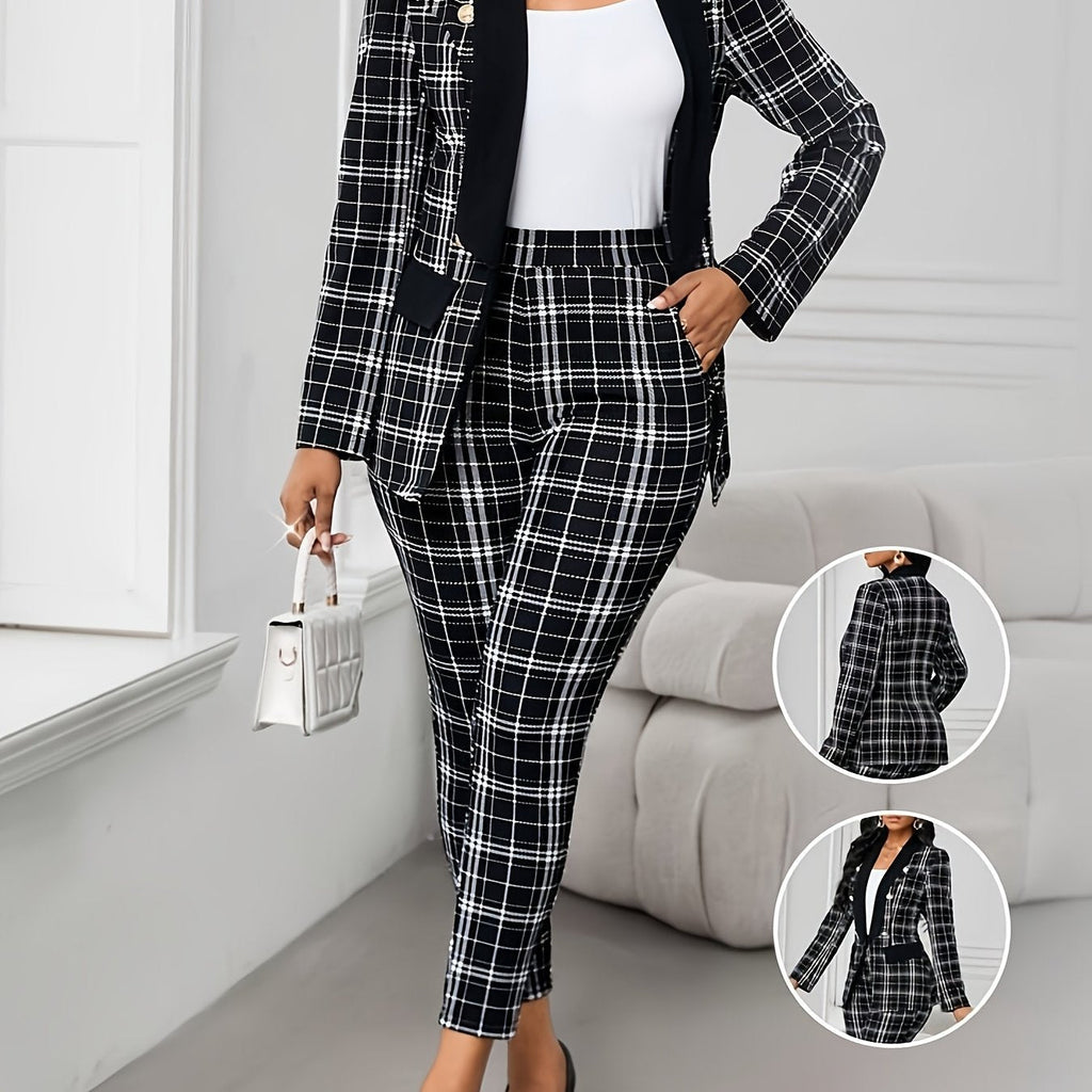 SHOWLU FASHION women's geometric plaid blazer and pants set in black and white, stylish tailored suit on model.
