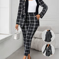 SHOWLU FASHION women's geometric plaid blazer and pants set in black and white, stylish tailored suit on model.