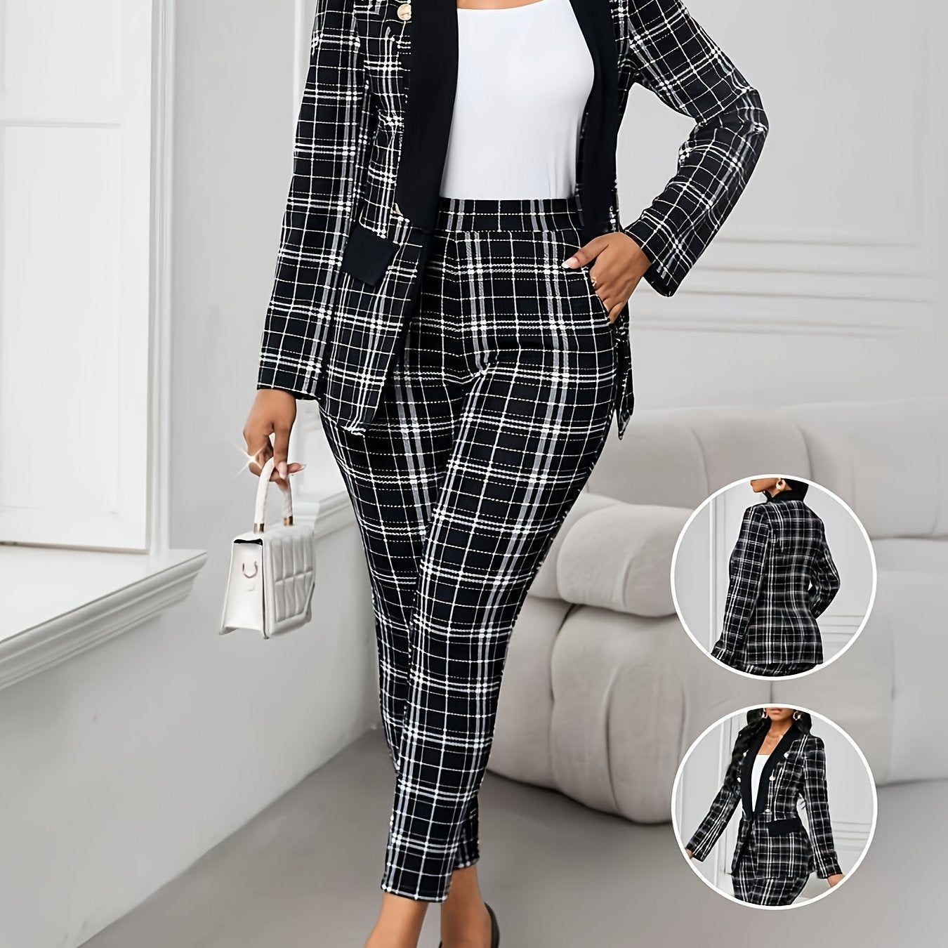 SHOWLU FASHION women's geometric plaid blazer and pants set in black and white, stylish tailored suit on model.