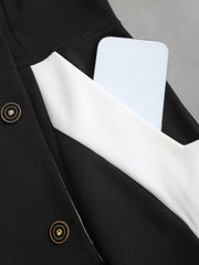 Elegant Black and White V-Neck Dress with Belt and Pockets - Slim Fit, Long Sleeve, Two-Tone Design for Women, Perfect for Fall/Winter Commute, Stylish Commuter Dress | Belted Waist Dress | Tailored Fit Dress
