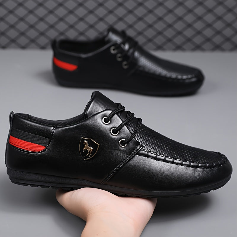 Men's black lace-up formal shoes by Showlu Fashion Store, made of durable PU leather, suitable for business and formal occasions.