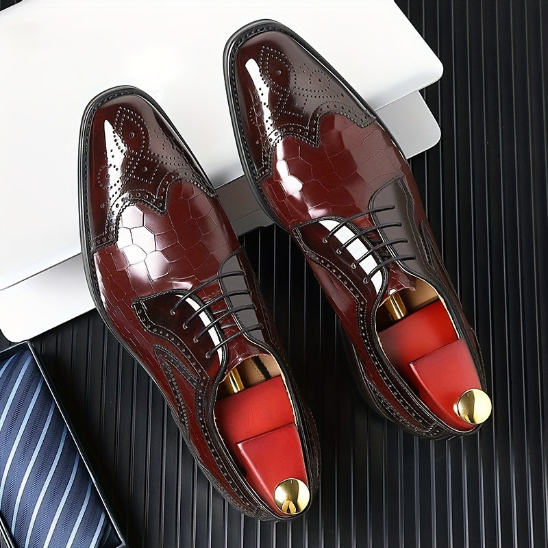 Red Wingtip Brogue Oxfords for men by SHOWLU FASHION, square toe dress shoes with classic brogue detailing and polished finish.