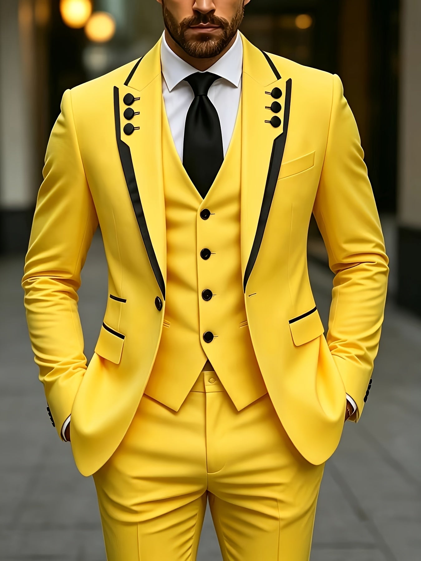 Men's black suit set with fringed lapel, featuring a jacket, vest, and pants for formal, party, festival, graduation, or wedding events.