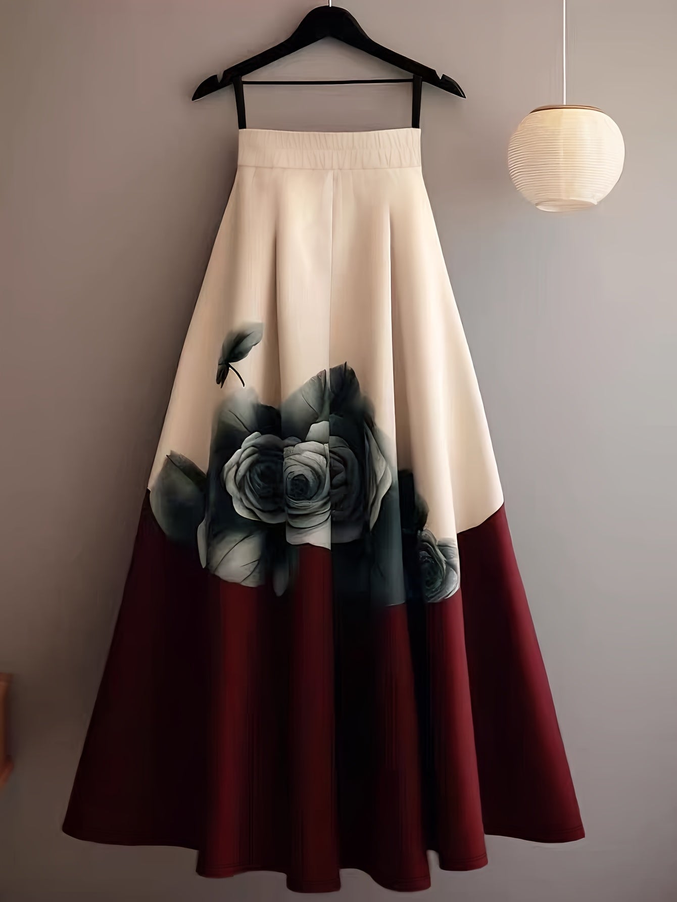 Beige and red floral print midi skirt by SHOWLU FASHION STORE featuring an A-line cut and feminine design.