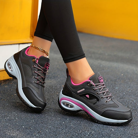 Women's Lightweight Air Cushion Hiking Sneakers - Comfortable Lace-Up Outdoor Shoes with Arch Support, Black & Pink Design, All-Season Wear, Outdoor Hiking Sneakers | Fashion Sportswear | Durable Fabric Lining