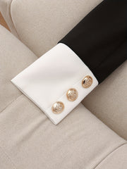 Elegant Two-Piece Set, 2024 New Color Block Polyester Jacket with Button Detail and Skirt, Crew Neck Long Sleeve Placket Design, Spring/Fall Fashion Outfit