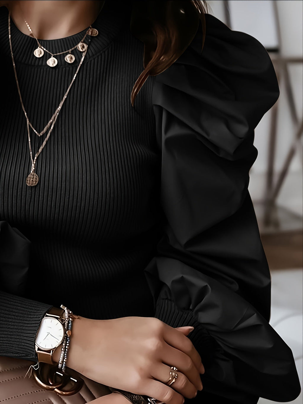 Black ribbed blouse for women with puff sleeves and crew neck, stylish and elegant top by SHOWLU FASHION STORE.