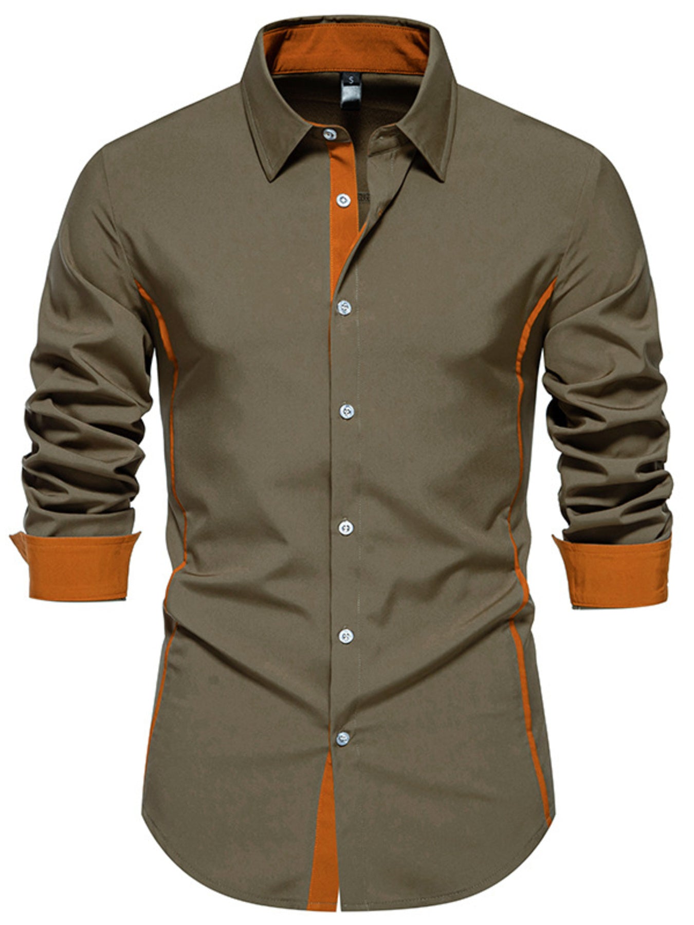 Men's contrast trim button-down shirt by Trendsi, featuring a classic fit and stylish color accents, displayed on a mannequin.