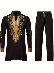 Men's Casual Striped Long Sleeve Robe Set - Polyester, Machine Washable, Stand Collar