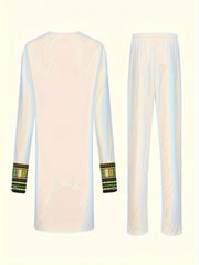 Men'S African Tribal Art Pajama Set - White & Brown Geometric Pattern, Long Sleeve Button-Up Shirt & Pants, Regular Fit Casual Sleepwear for All Seasons, Cultural Attire, Cultural Attire|Tribal Style|Buttonup Top, African Clo