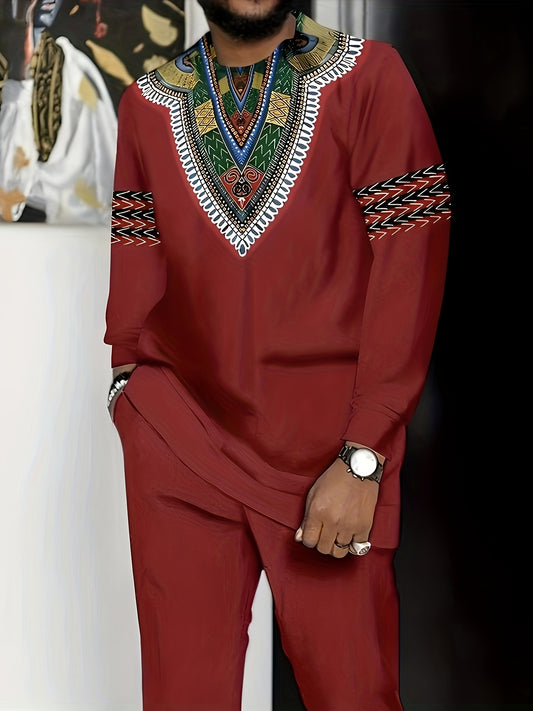 [African-Inspired Suit] Breathable Knit Polyester Men's African-Inspired Suit - White with Green, Red, Black Accents | Formal & Casual Events, Machine Washable, Round Neck Design, Comfortable Fit, PLUS SIZE, Business Party Ou