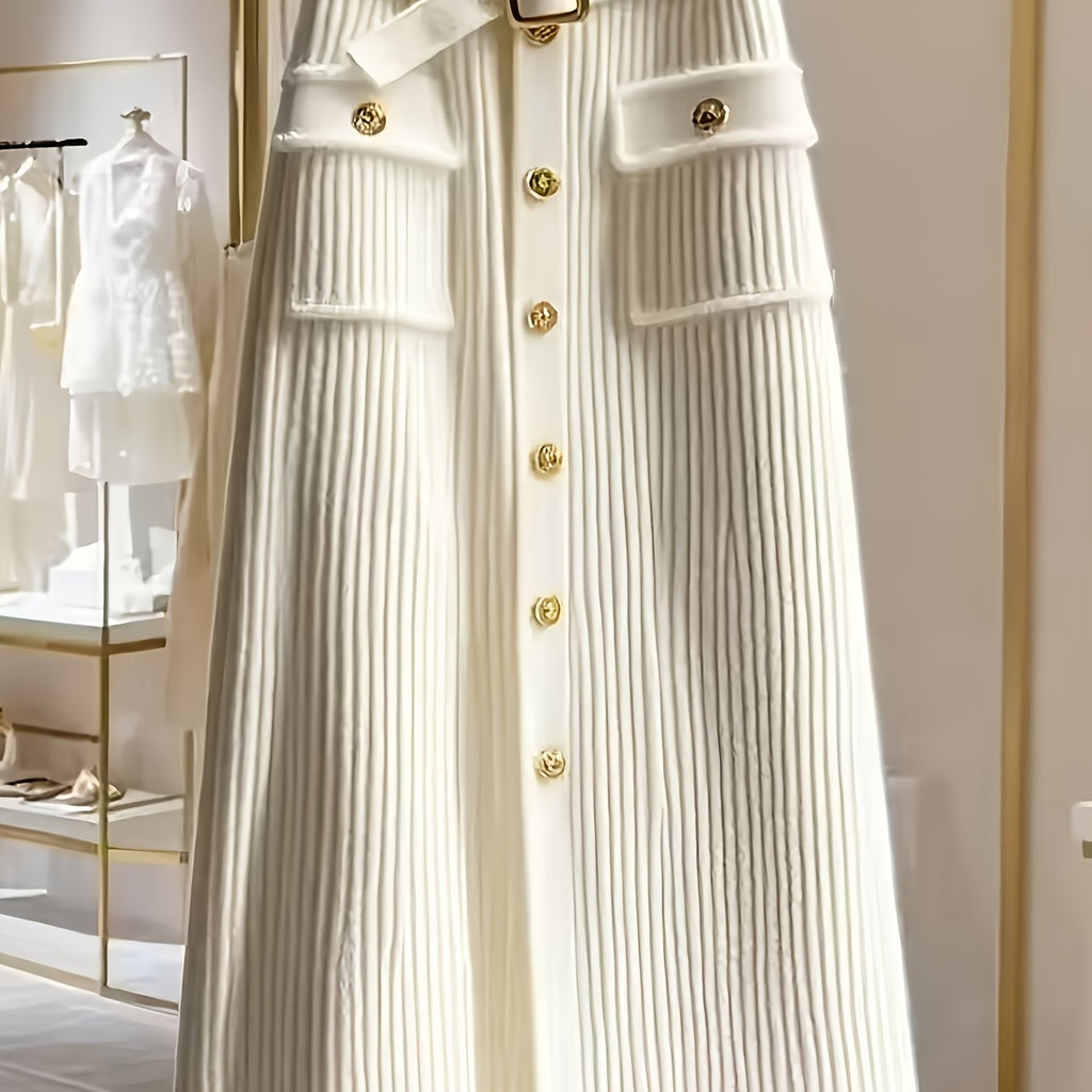 White midi skirt by SHOWLU FASHION STORE featuring a high-waisted, knit design and elegant, flowing silhouette.