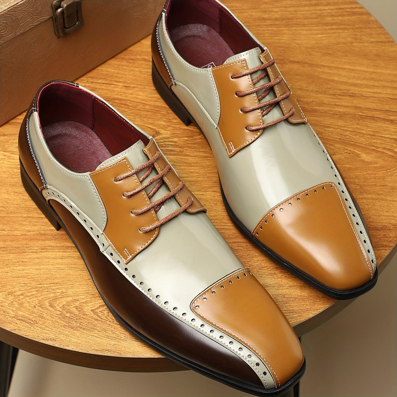 QRL Men's spliced lace-up formal shoes with square toe design in black PU leather, casual style from Showlu Fashion Store