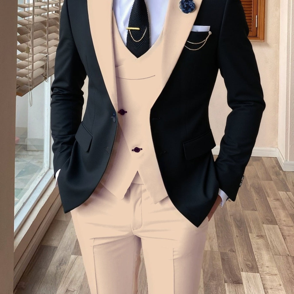 Showlu Fashion men's 3-piece color block slim fit tuxedo suit set, featuring a jacket, vest, and trousers in stylish color blocking.