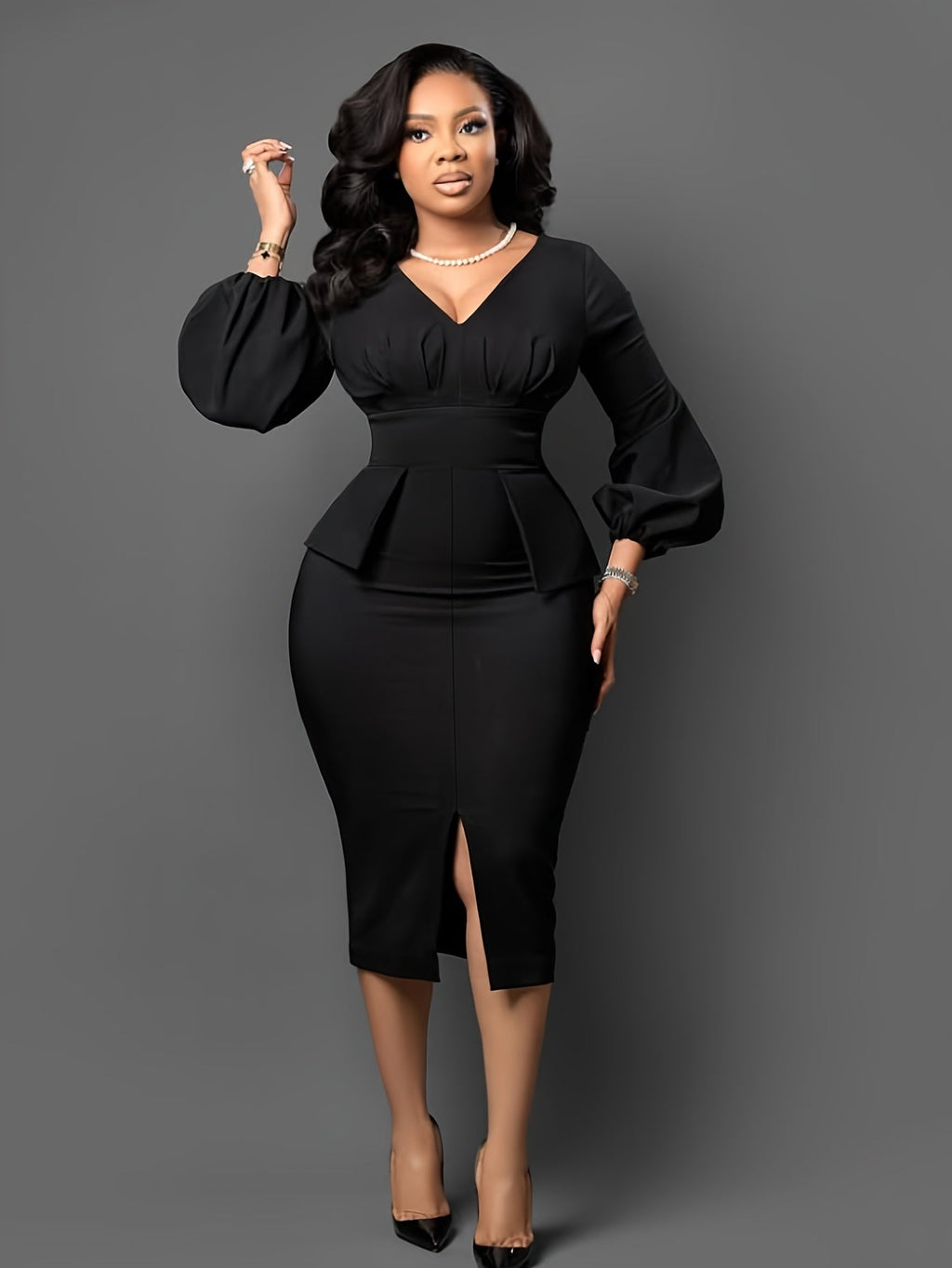 Black SHOWLU V-Neck sheath dress with elegant frill details, bodycon fit, perfect for stylish occasions.