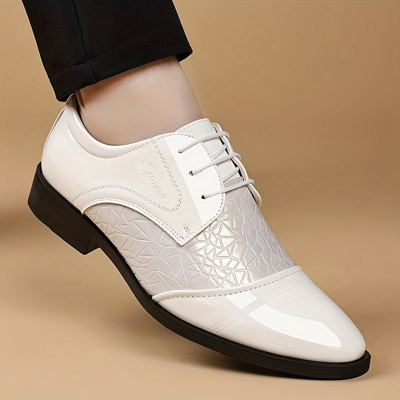 Showlu Fashion Men's glossy brown faux leather pointed toe dress shoes with sleek design and elegant finish.