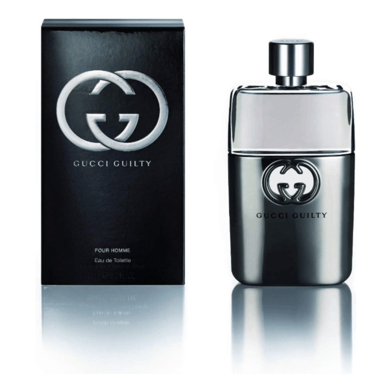 Gucci Guilty Pour Homme men's eau de toilette spray bottle, 3 oz, with sleek design and label visible.
