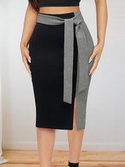 Women's Elegant Slim-Fit Color-Block Midi Skirt - Black to Burgundy Ombre with Adjustable Ribbon Bow Detail, Machine Washable H-Silhouette for Spring/Summer Office to Party Wear, Cute Skirts, Sophisticated Texture