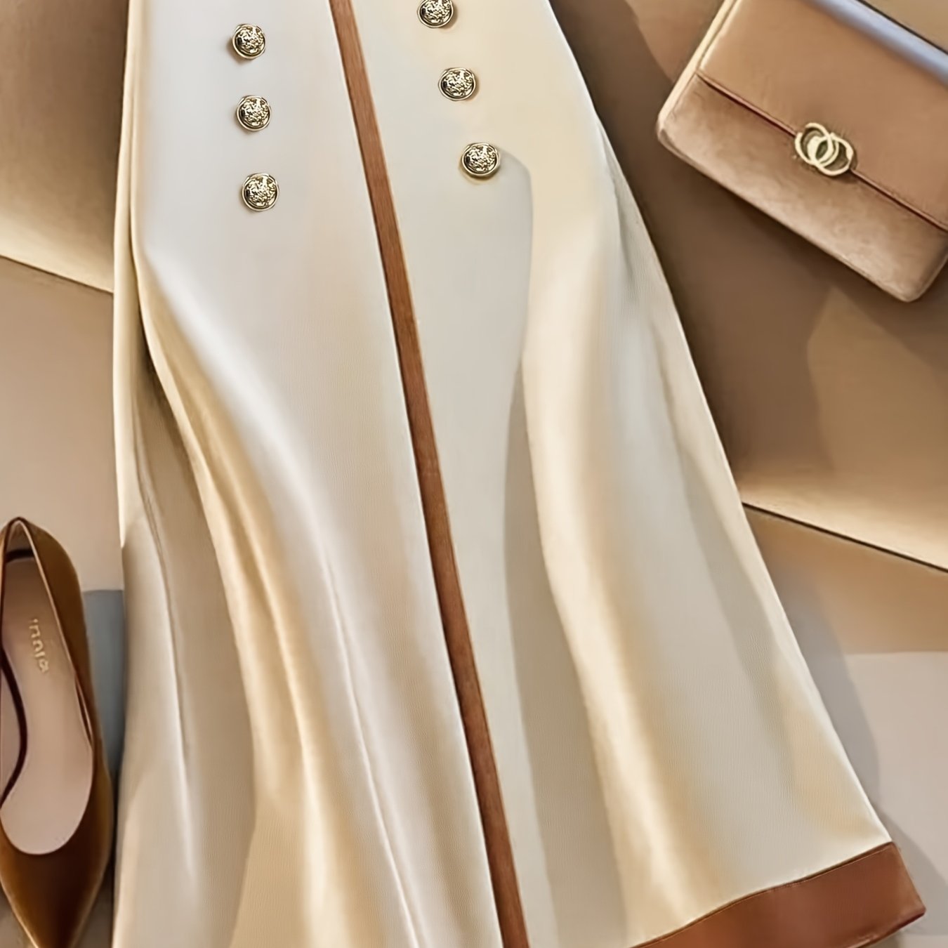 Beige and brown metallic accent maxi pantskirt for women by SHOWLU FASHION, flowing fabric with stylish design and metallic details.