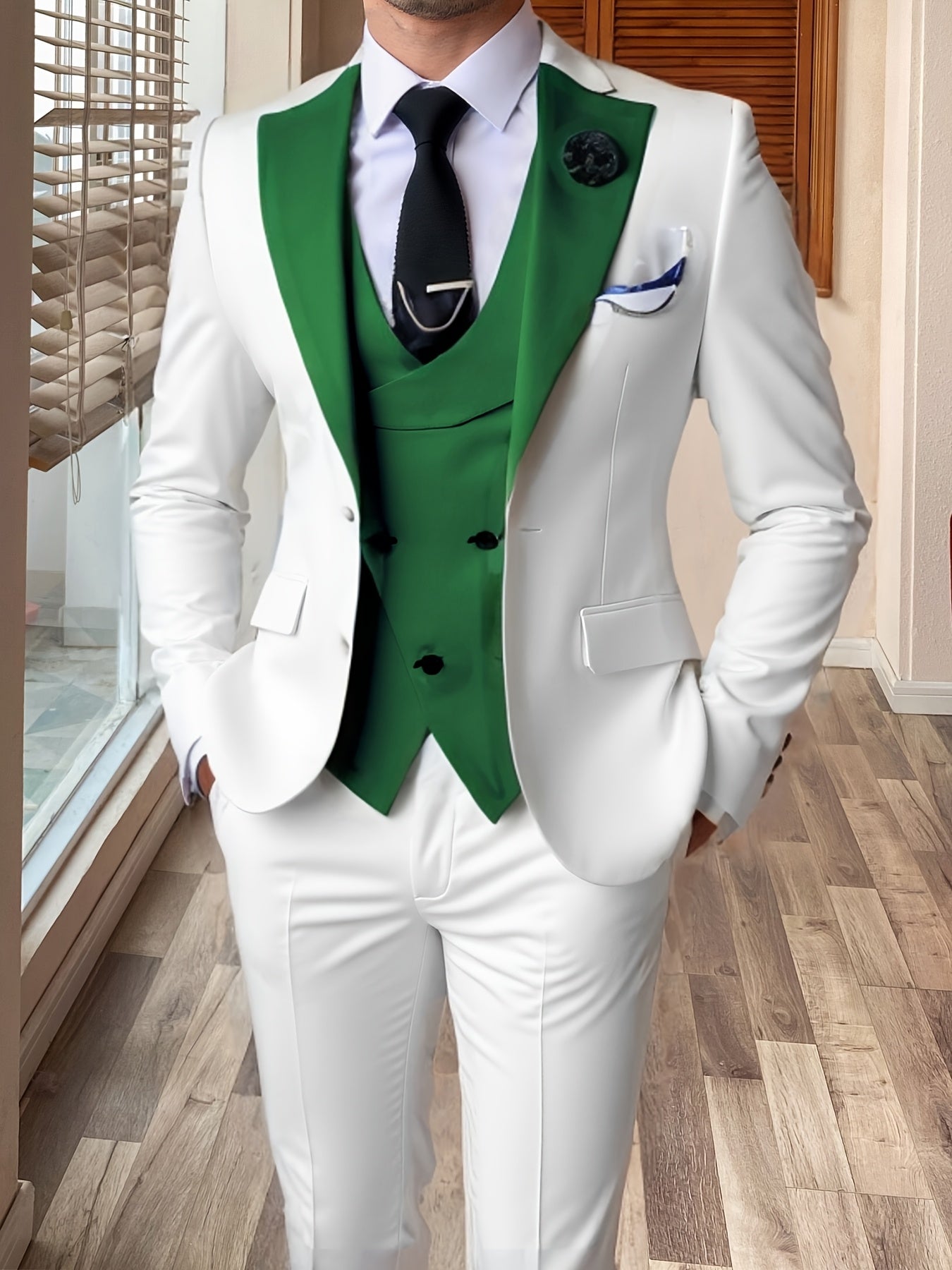 SHOWLU FASHION men's 3-piece slim fit color block wedding suit with notch lapel, displayed on a mannequin.