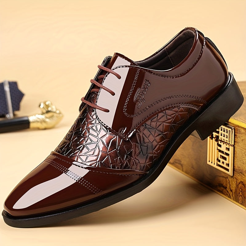 Showlu Fashion Store men's glossy brown faux leather dress shoes with pointed toes, suitable for business and formal occasions.