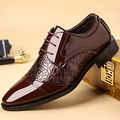 KJSOP Men'S Glossy Brown Faux Cover Dress Shoes - Glossy Brown Pointed Toe Business & Wedding Shoes with Glossy Brown Lace-Up Closure, Cushioned Insole & Non-Slip Rubber Sole, Formal & Semi-formal Footwear For Office, Wedding