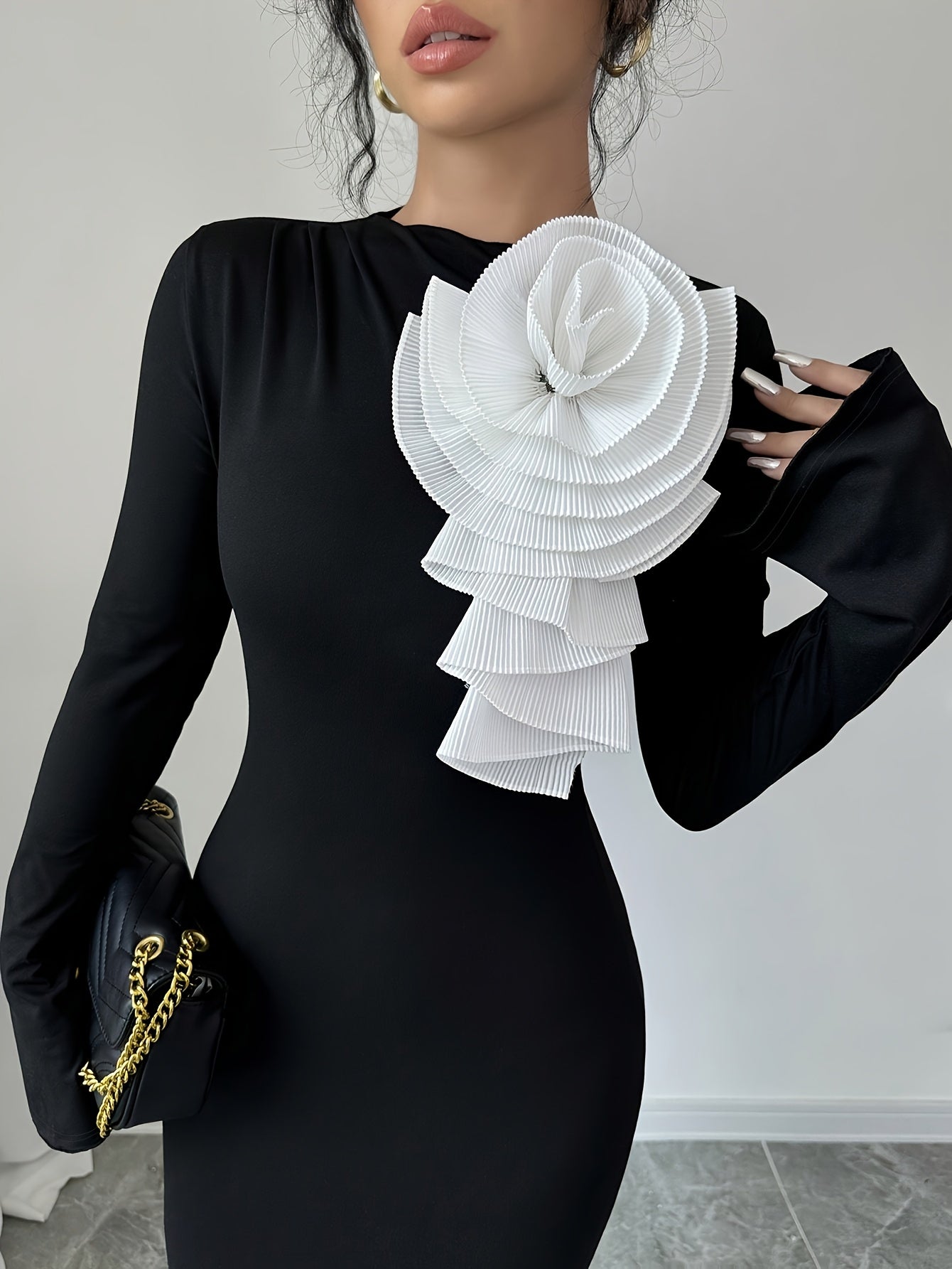 SHOWLU FASHION women's 3D flower applique bodycon party dress, close-up of floral details and fitted silhouette.