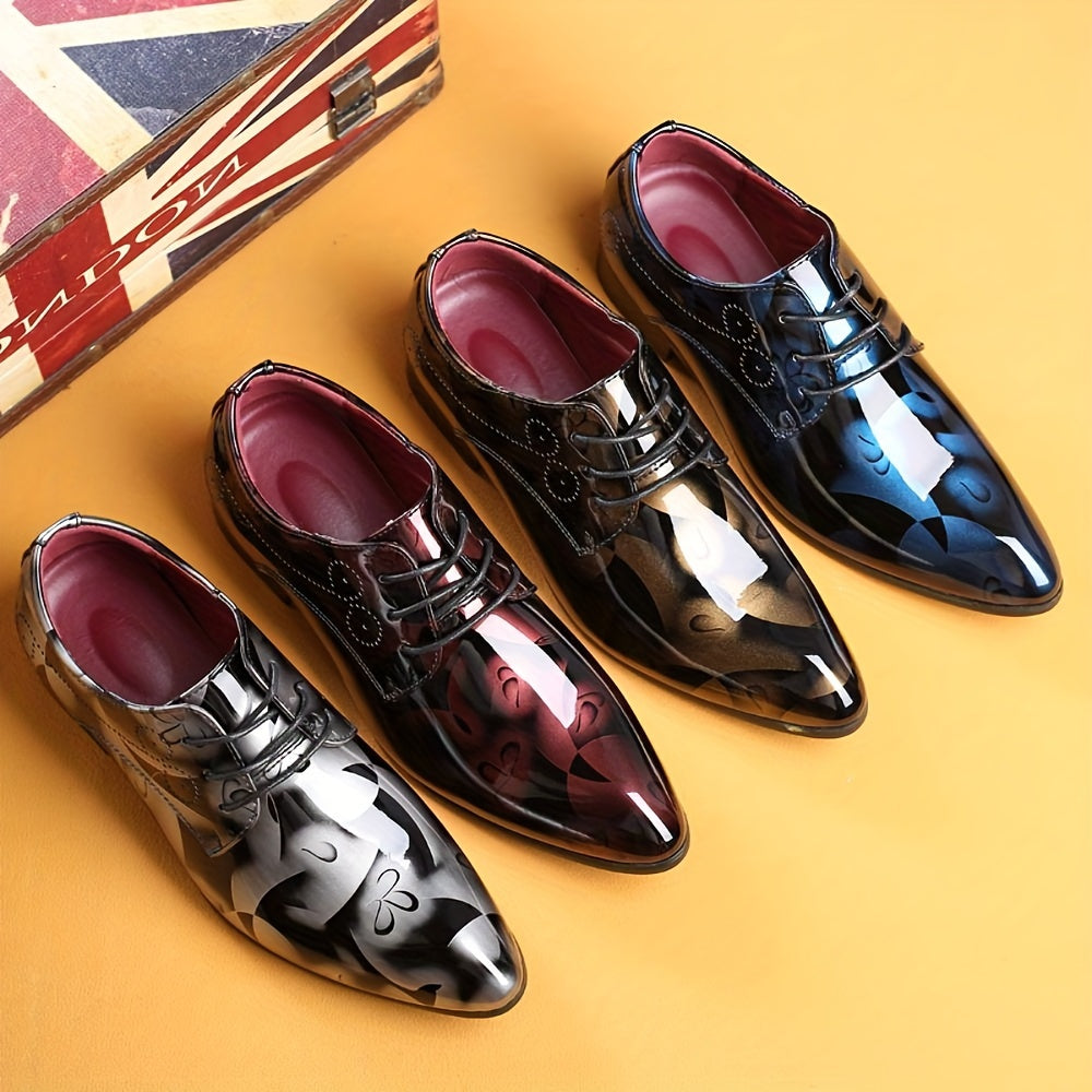 SHOWLU men's flower print pointed toe PU leather dress shoes for business, featuring stylish floral design and polished finish.