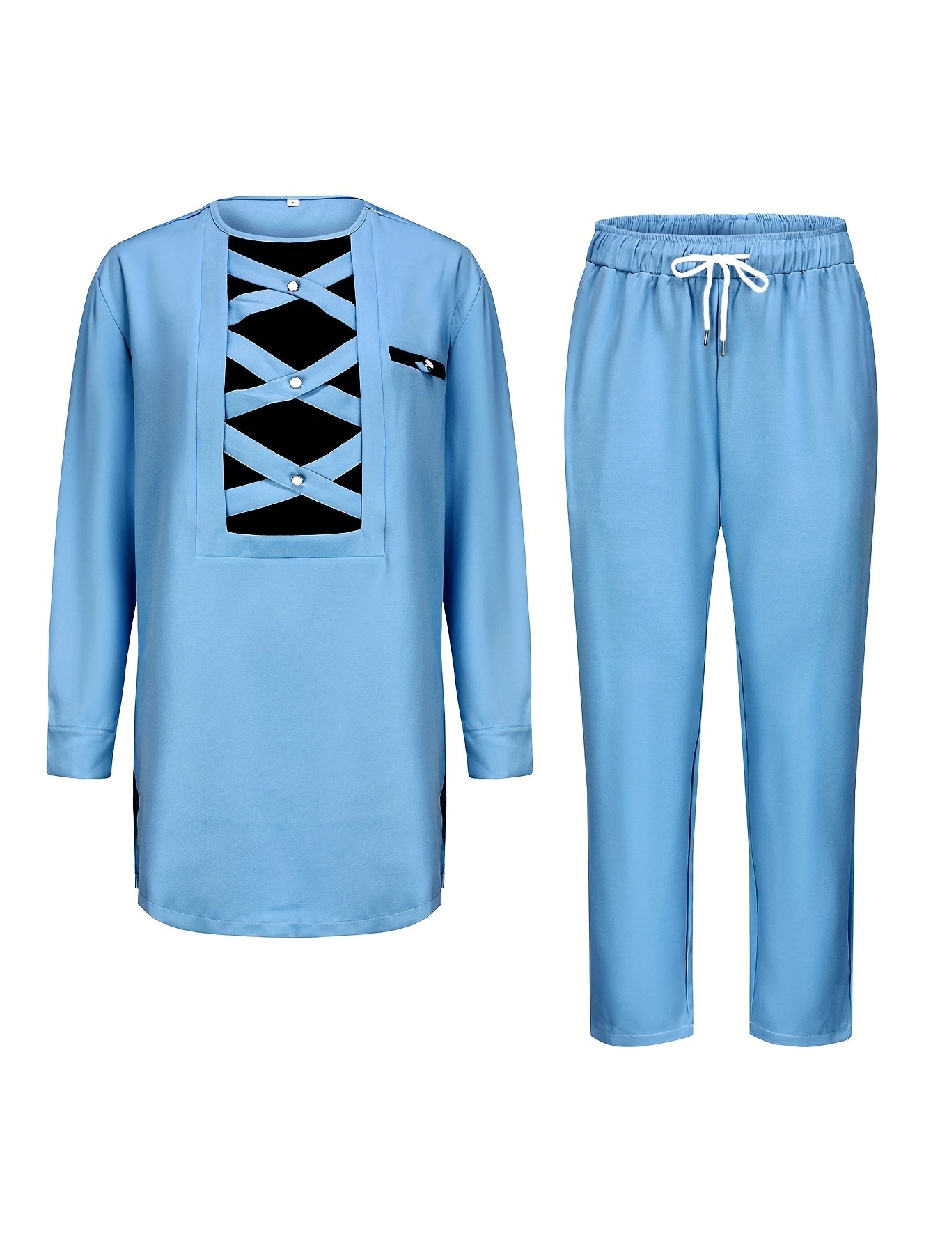 SHOWLU Men's two-piece patchwork suit with crew neck casual set, featuring stylish and comfortable design for everyday wear