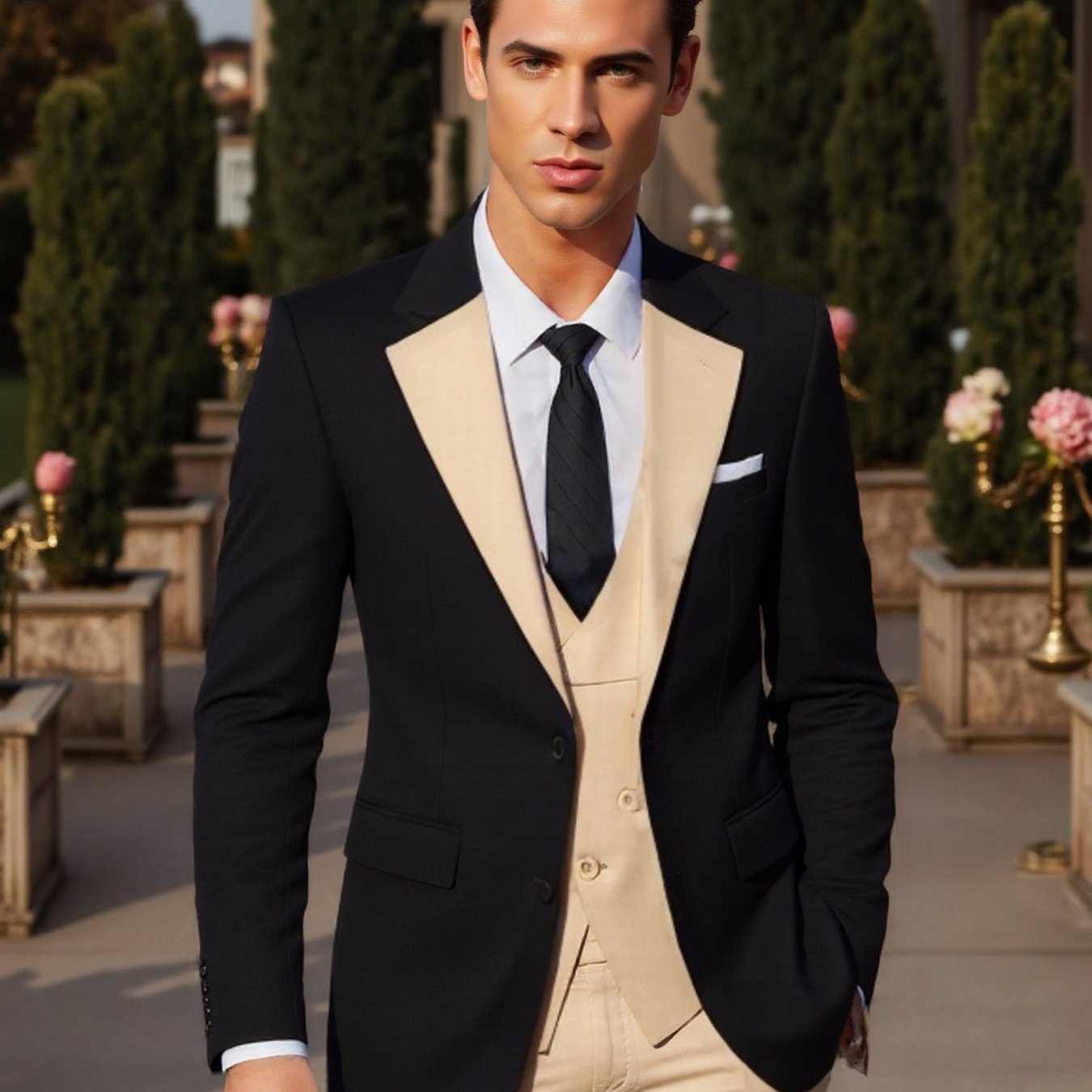 SHOWLU Men's 3-piece slim fit wedding tuxedo with jacket, vest, and pants, tailored for formal occasions and elegant style.