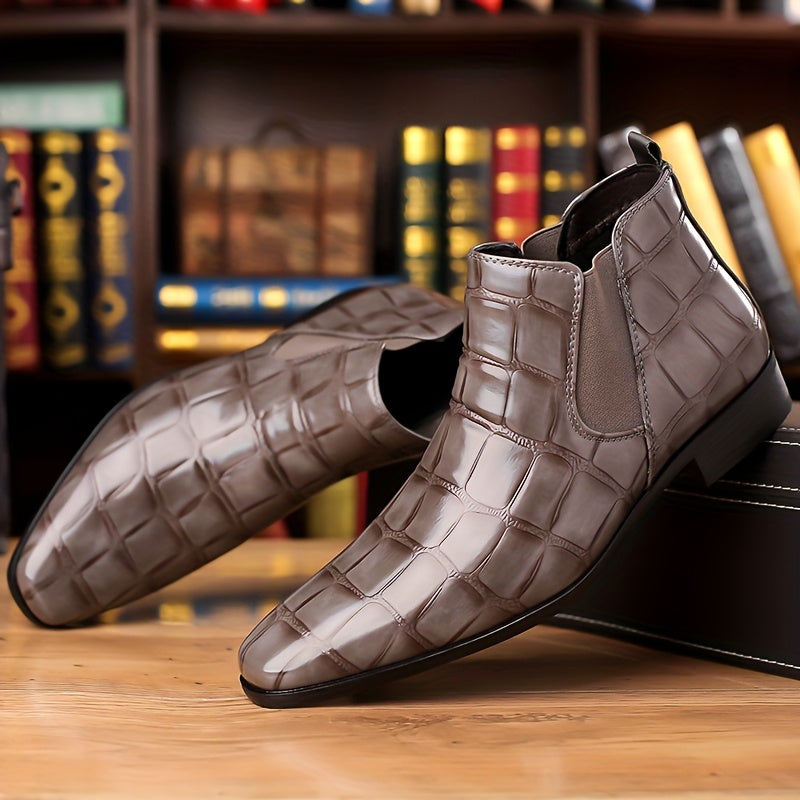 SHOWLU men's pointed toe Chelsea boots featuring shiny finish and short ankle design, ideal for formal or stylish occasions.