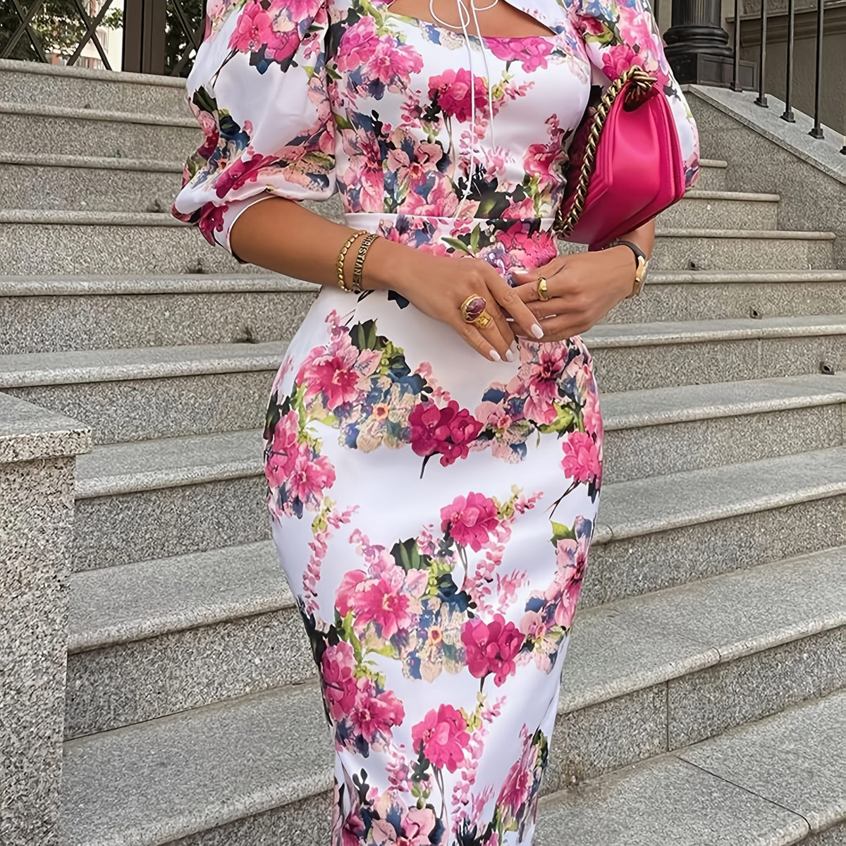 Women'S Floral Print Sheath Dress with Stand Collar - Elegant Short Sleeve, Fitted, Casual Style, All-Season Wear, Adult Size, Casual Attire | Floral Print Dress | Stand Collar Neckline, Floral Print Dress