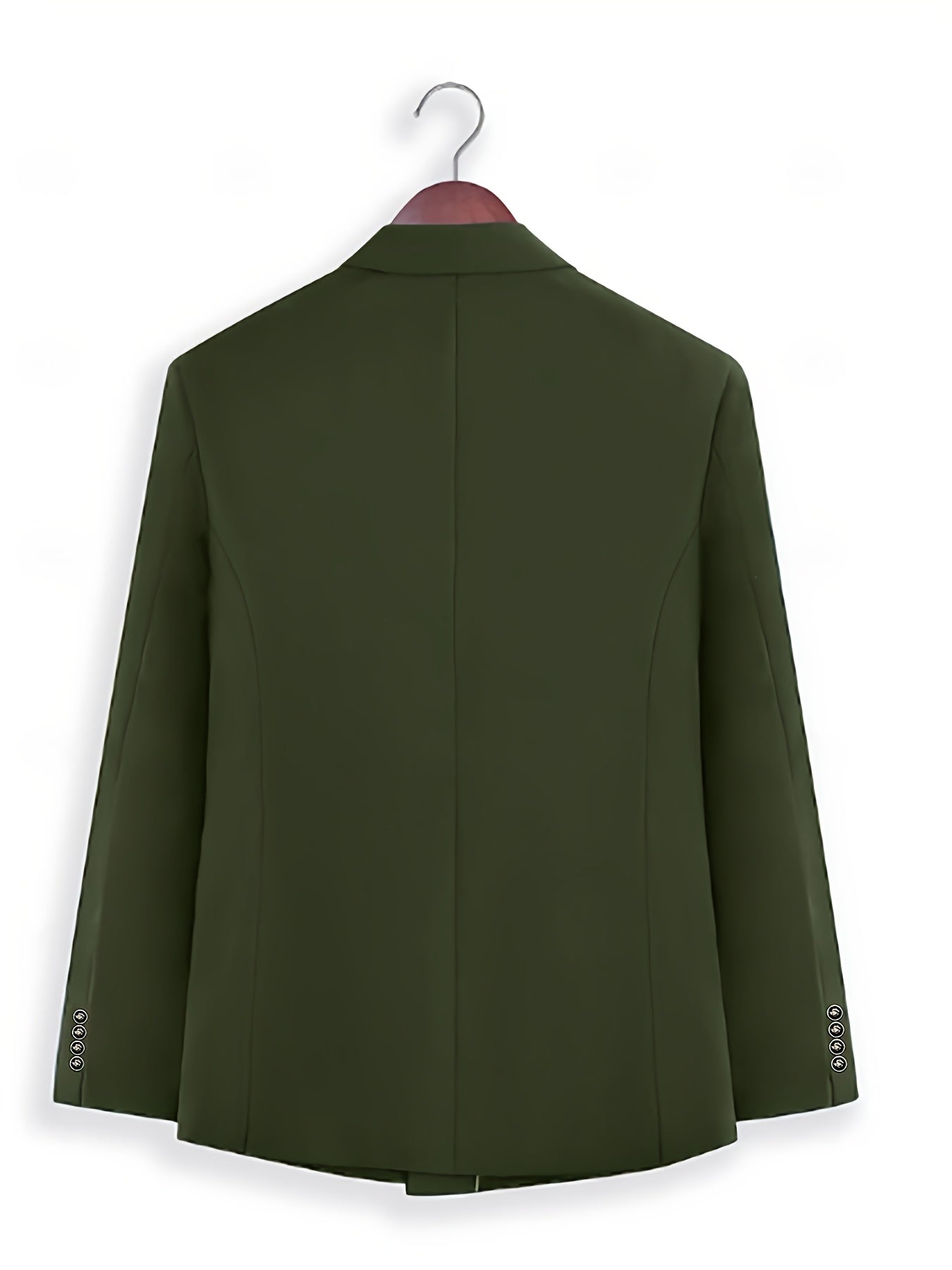 Dark green SHOWLU men's double-breasted slim fit wedding blazer displayed on a hanger, showcasing front and tailored details.