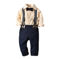 Toddler boys cotton suit with suspenders and bow tie by SHOWLU FASHION, featuring a classic design and comfortable fit.