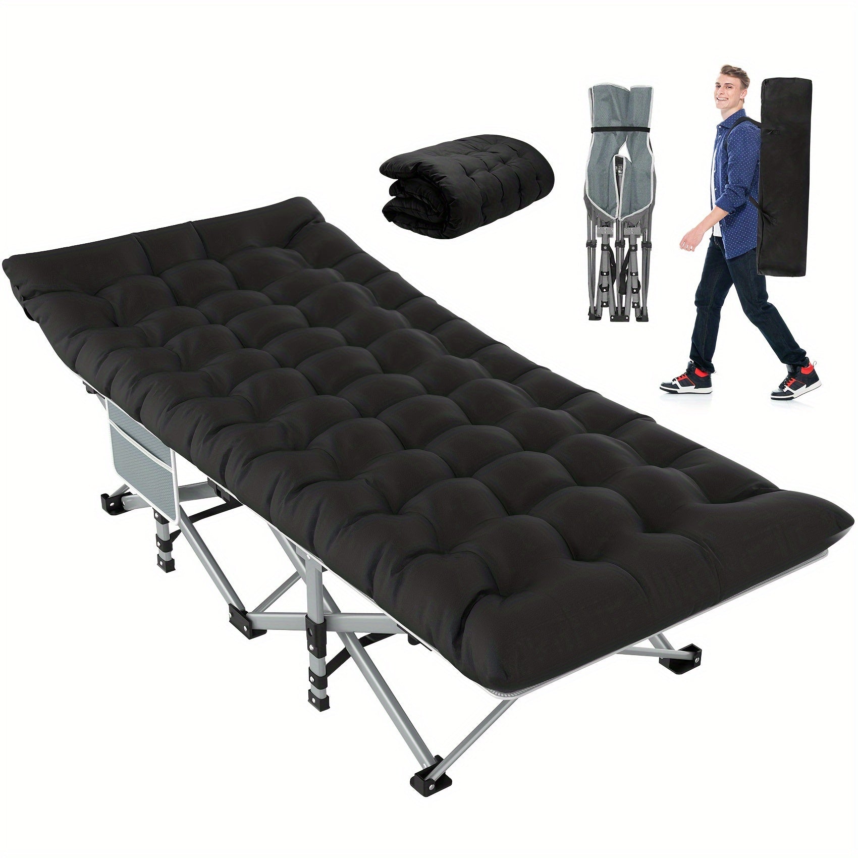 Heavy-duty SUTECK folding camping cot with soft pad, featuring durable 1200D Oxford fabric and sturdy frame for outdoor sleeping.