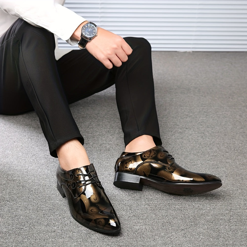 SHOWLU Men's flower print pointed toe PU leather dress shoes with stylish floral pattern and sleek design.