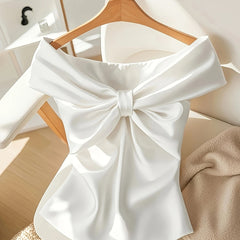 Elegant Off-Shoulder Bow Tie Satin Blouse for Women - Chic French-Inspired Slim Fit Crop Top, Solid Color with Front Bow Detail, Perfect for Summer and Casual Wear, Versatile Blouse | Chic Design | Polyester Linin