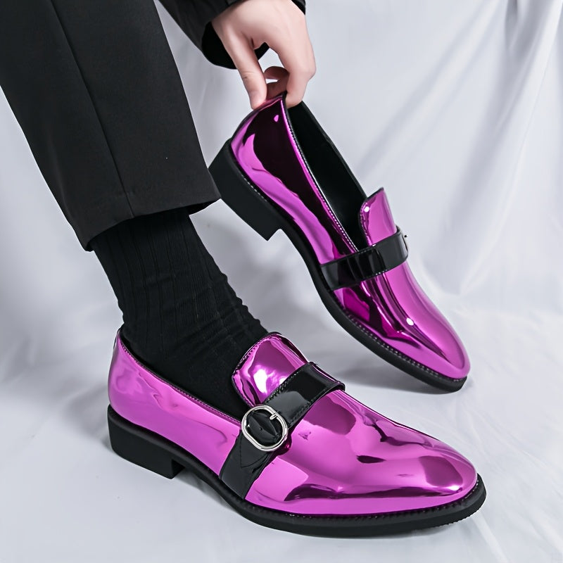 SHOWLU Men's glossy pointed-toe loafers in faux leather with slip-on design, dress shoes for formal or casual wear.