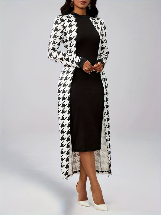 Women's Fashionable and Elegant Casual Houndstooth Pattern Long Sleeve Dress without Belt, Elegantly Targeted