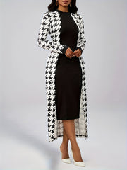 Women's Fashionable and Elegant Casual Houndstooth Pattern Long Sleeve Dress without Belt, Elegantly Targeted