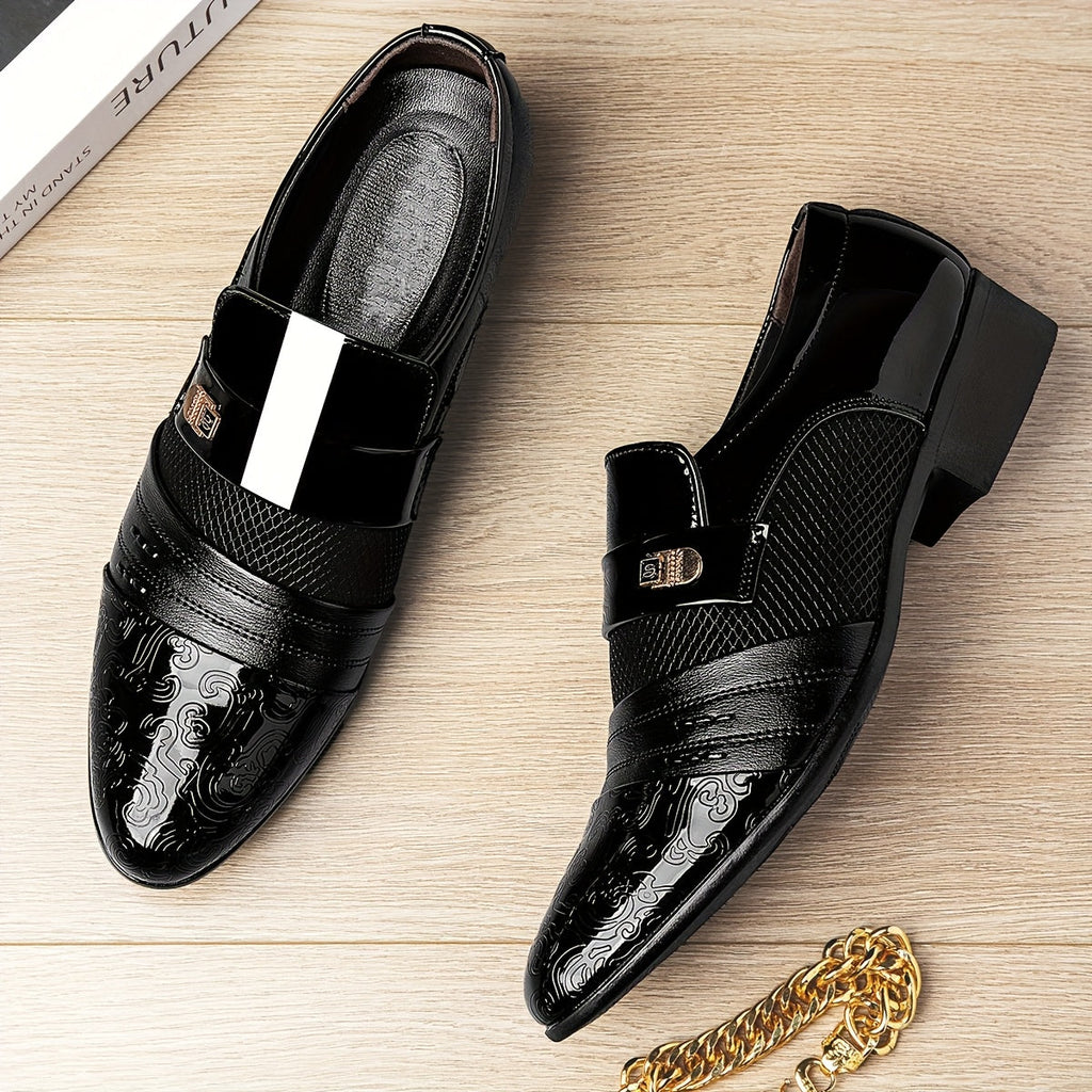 SHOWLU Men's black embossed slip-on dress shoes with pointed toe loafers, stylish and sleek for formal occasions.