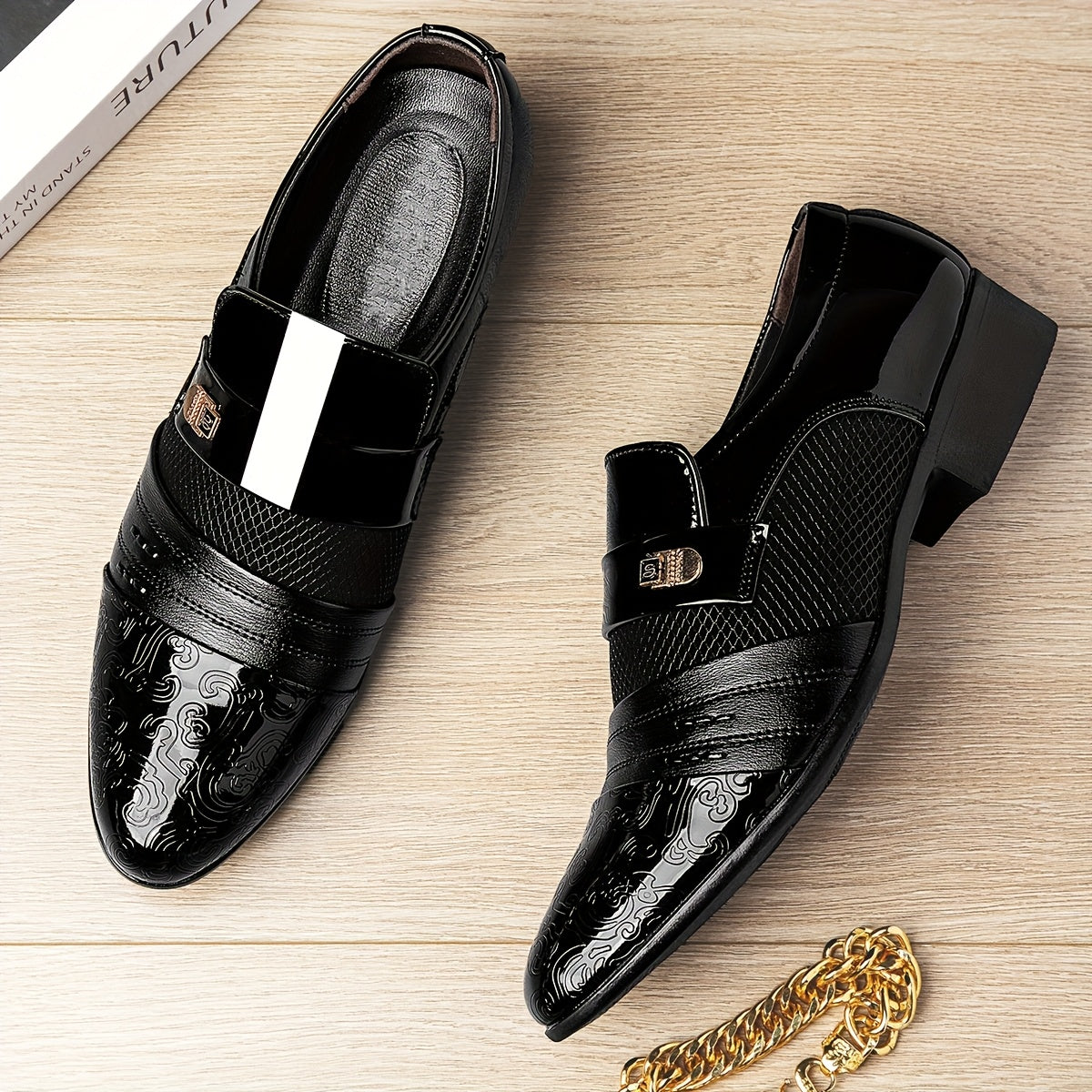 SHOWLU Men's black embossed slip-on dress shoes with pointed toe loafers, stylish and sleek for formal occasions.