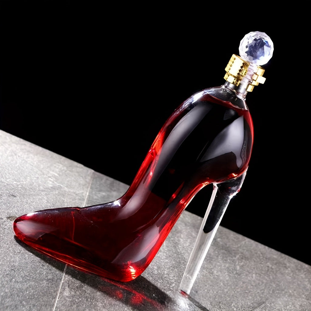 SHOWLU Elegant high heel glass wine dispenser and hanger displaying a 45oz wine bottle with stylish design and clear glass construction