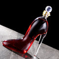 SHOWLU Elegant high heel glass wine dispenser and hanger displaying a 45oz wine bottle with stylish design and clear glass construction