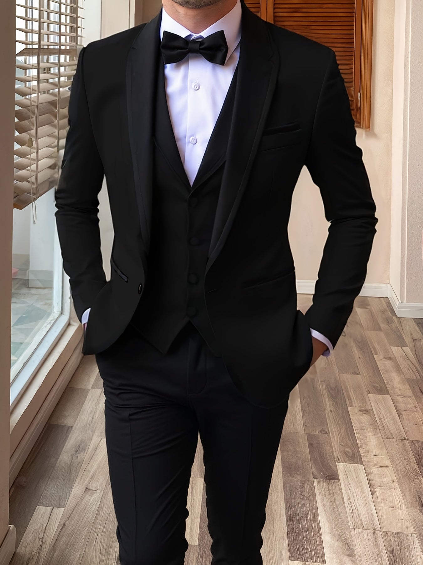 SHOWLU FASHION men's 3-piece slim fit suit with shawl lapel, ideal for formal weddings, featuring jacket, vest, and trousers.