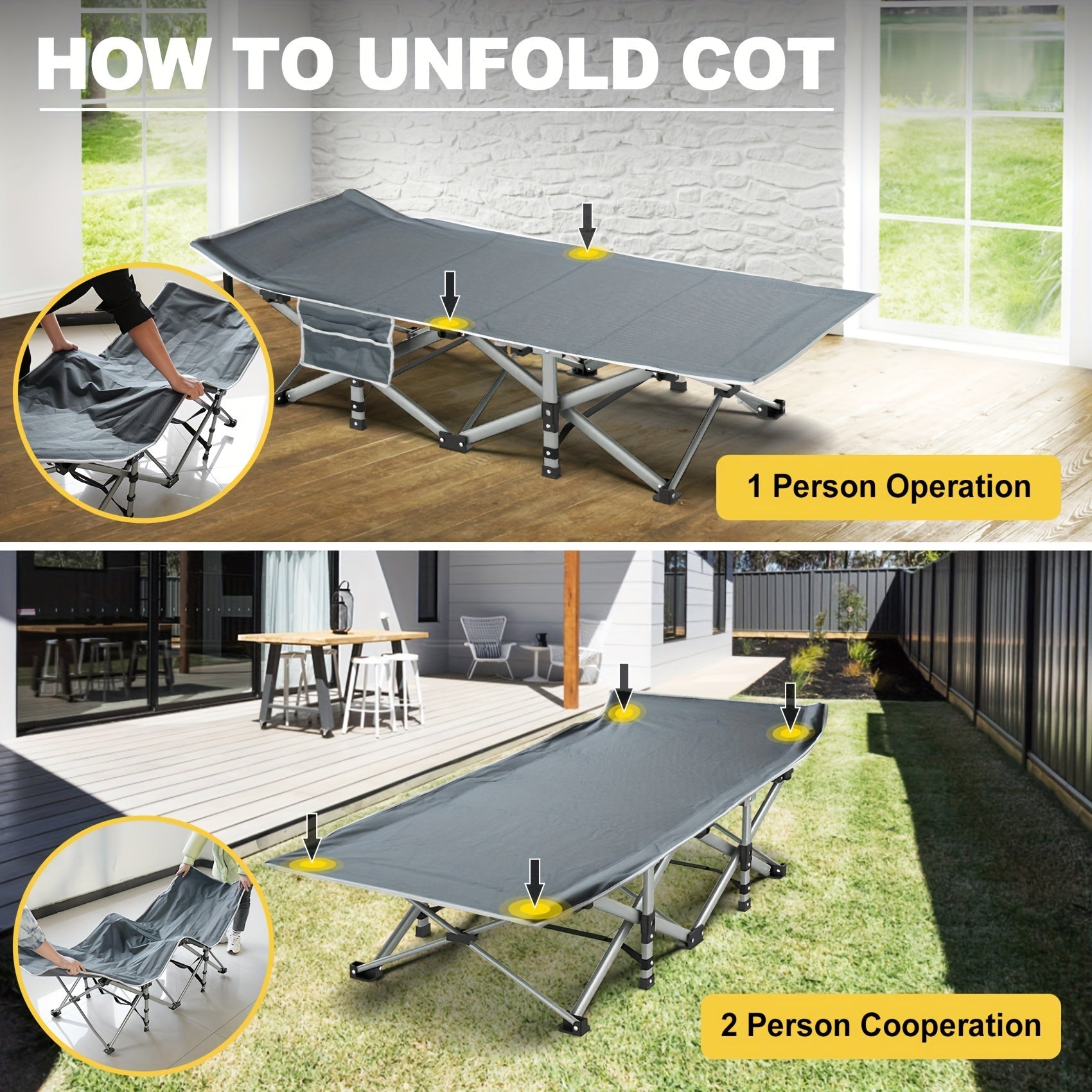 SHOWLU FASHION STORE folding camping cot with heavy-duty 1200D Oxford bed and soft pad, shown set up outdoors for camping.