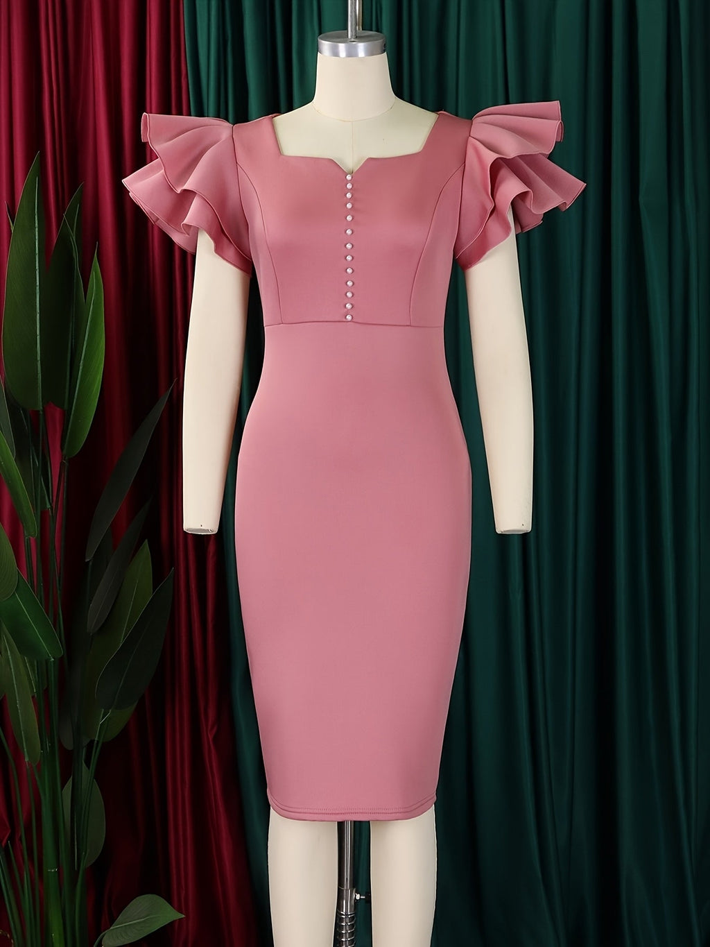 SHOWLU FASHION square neck ruffle sleeve bodycon midi dress displayed on a model, perfect for parties and stylish occasions.