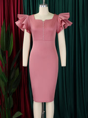 Elegant Dresses For Woman 2025 New Square Neck Ruffles Sleeve Solid Sheath Mid Calf High Quality Ladies Birthday Party Dinner Wear Vestidos Mujer Clothes Wholesale